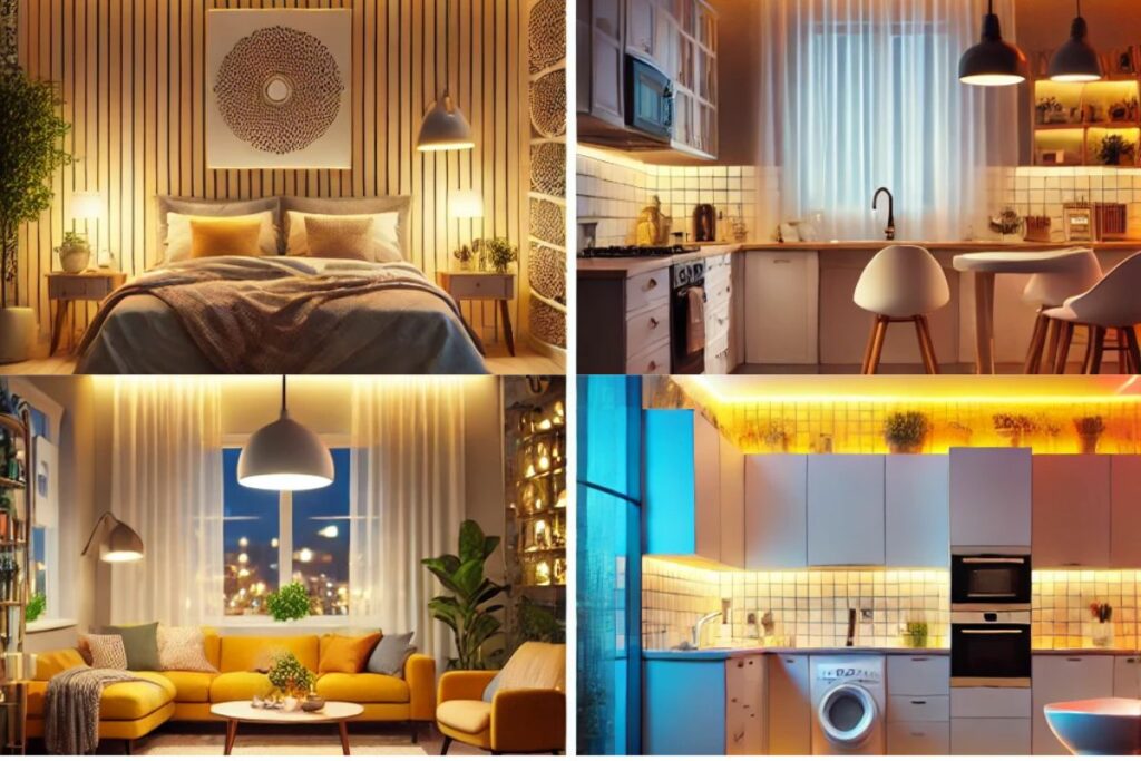Ambiente doméstico com iluminação personalizada: luzes suaves no quarto, luzes brancas na cozinha e fitas LED no banheiro, ilustrando como a iluminação pode transformar cada ambiente.