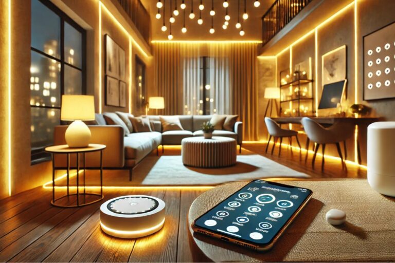 Sala moderna com iluminação inteligente, destacando lâmpadas conectadas e dispositivos de controle remoto ou aplicativo, representando a integração de tecnologia na iluminação residencial.
