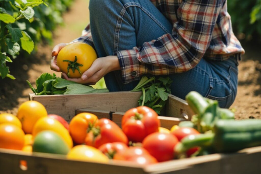 Pessoa colhendo frutas e legumes em um canteiro, ilustrando os benefícios da jardinagem orgânica e permacultura, como a redução do impacto ambiental, promoção da saúde e bem-estar, e a autossuficiência alimentar.