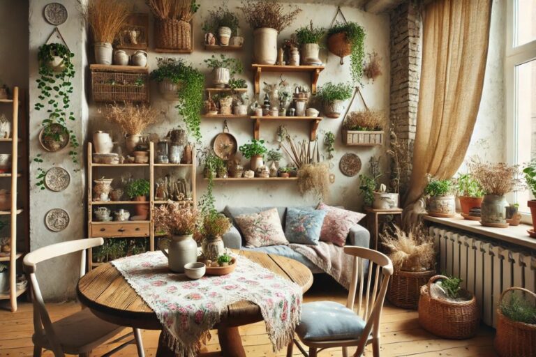 Imagem de um apartamento decorado no estilo cottagecore urbano, com jardins verticais, vasos de ervas, uma mesa de madeira vintage com toalha floral, elementos naturais como linho e vime, iluminação suave e detalhes rústicos, criando um ambiente acolhedor e sereno.