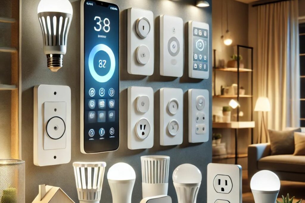 Dispositivos conectados, incluindo lâmpadas LED inteligentes, interruptores e fitas LED, exibindo como escolher os melhores dispositivos para uma casa inteligente.