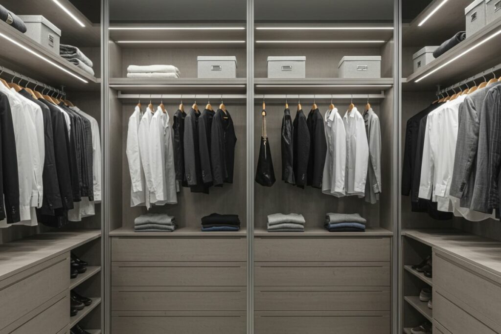 Guarda-roupa planejada com portas de correr, destacando um design inteligente para otimização de espaço e organização.