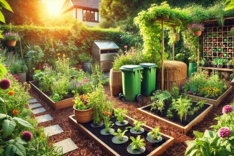 Jardim sustentável com plantas diversas, compostagem, captação de água da chuva e cobertura de solo natural, representando conceitos de jardinagem orgânica e permacultura.