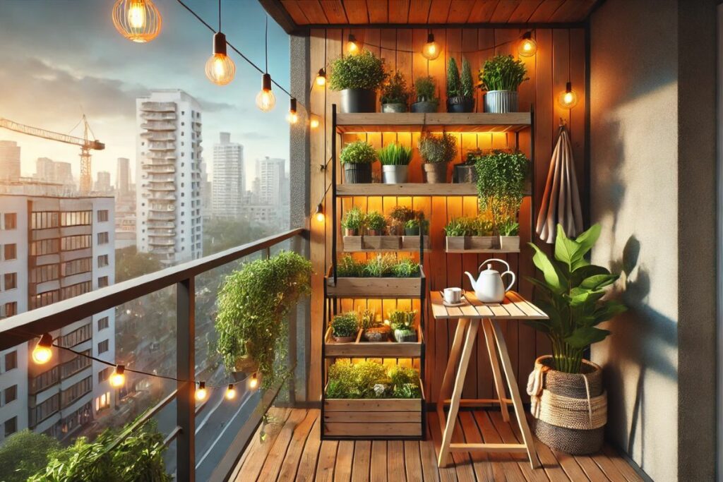 Varanda aconchegante de apartamento com um jardim vertical e uma horta compacta, repleta de ervas aromáticas e plantas verdes, criando um ambiente harmonioso e natural