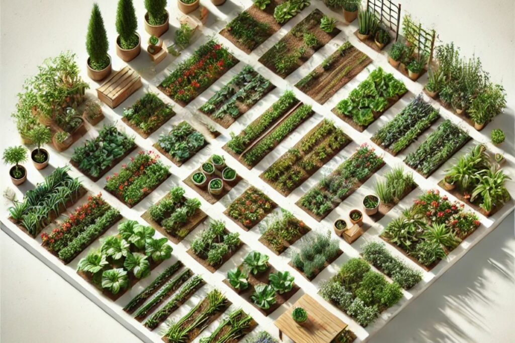 Plantação bem organizada em canteiros alinhados, exemplificando o planejamento eficiente do jardim com base nas necessidades específicas de cada planta. A imagem ilustra práticas de permacultura, como o uso consciente da água e a cobertura do solo com materiais naturais.
