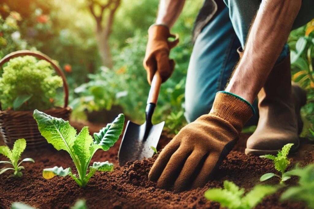 Homem plantando no solo enriquecido com adubos naturais, como compostagem e esterco, destacando práticas sustentáveis de cultivo, controle biológico de pragas e a diversidade de espécies para um ecossistema saudável.