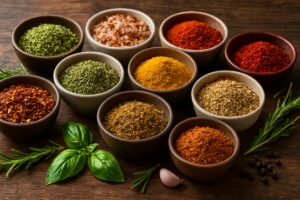 Blends de temperos variados em tigelas de madeira.