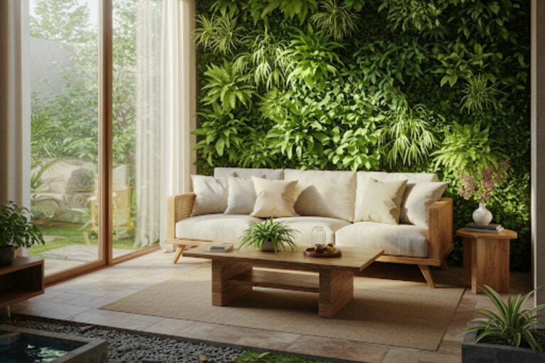 Sala de estar com design biofílico, jardim vertical, móveis de madeira e luz natural.