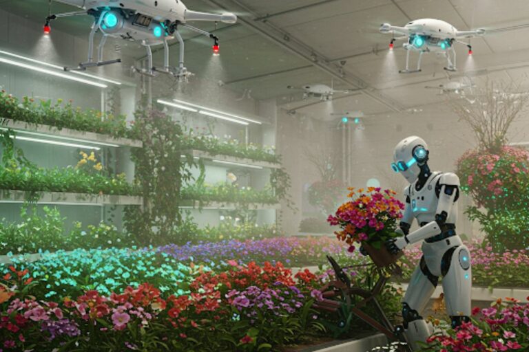 Robô e drones cuidando de um jardim futurista com irrigação automatizada.