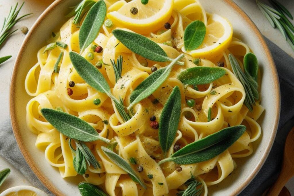 Macarrão ao molho de sálvia e limão siciliano.