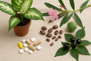 Plantas ornamentais em vasos ao lado de cápsulas e comprimidos, sugerindo a relação entre o uso natural e os riscos à saúde.