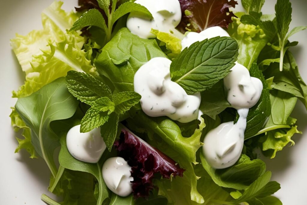 Salada fresca com hortelã e molho cremoso de iogurte.