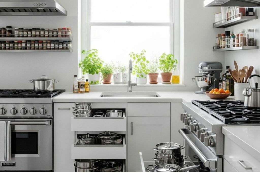 Cozinha organizada e bem iluminada, representando hábitos de organização que facilitam o dia a dia com praticidade e harmonia.