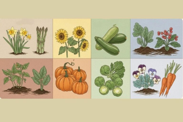 Ilustração com legumes, flores e hortaliças organizados por estação do ano: primavera, verão, outono e inverno, representando o calendário de plantio para cada época