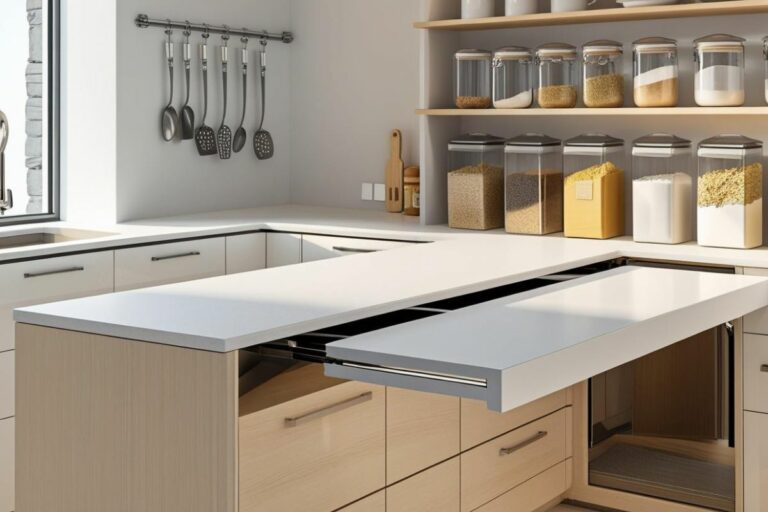 Cozinha compacta com bancada retrátil e potes organizadores nas prateleiras