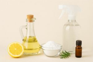 Ingredientes naturais como limão, vinagre, bicarbonato e óleo essencial para receitas caseiras de limpeza.
