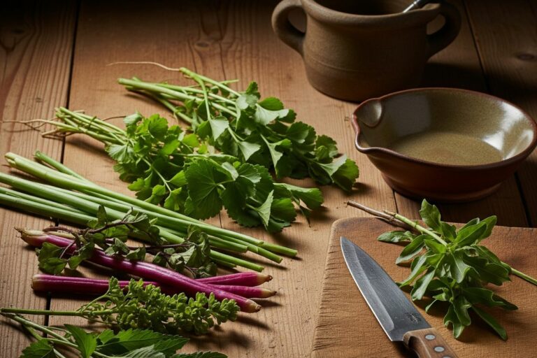 PANCs na cozinha dispostas sobre tábua e mesa de madeira, com utensílios simples e iluminação natural.