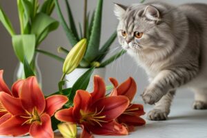 Gato se aproximando de lírios e outras plantas tóxicas para pets sobre uma mesa.