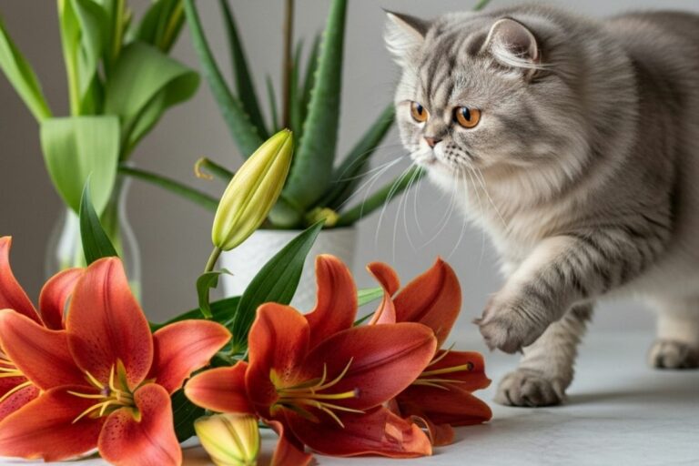 Gato se aproximando de lírios e outras plantas tóxicas para pets sobre uma mesa.