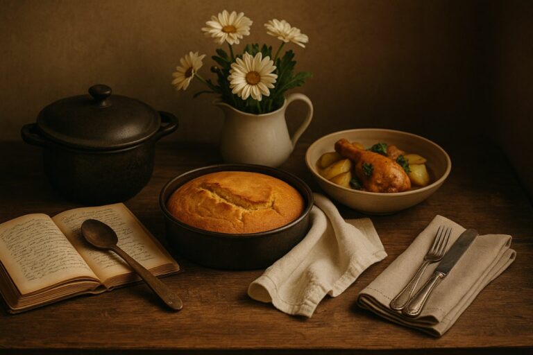 Cozinha rústica aconchegante com utensílios antigos, mesa posta com alimentos caseiros e luz suave entrando pela janela, transmitindo um clima acolhedor e nostálgico.