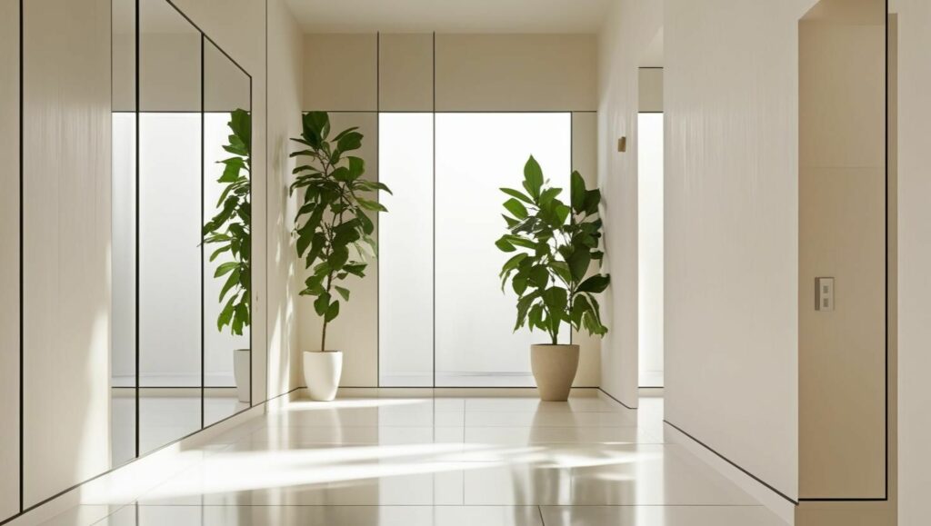 Hall de entrada moderno com espelhos verticais e plantas, criando sensação de amplitude e elegância.