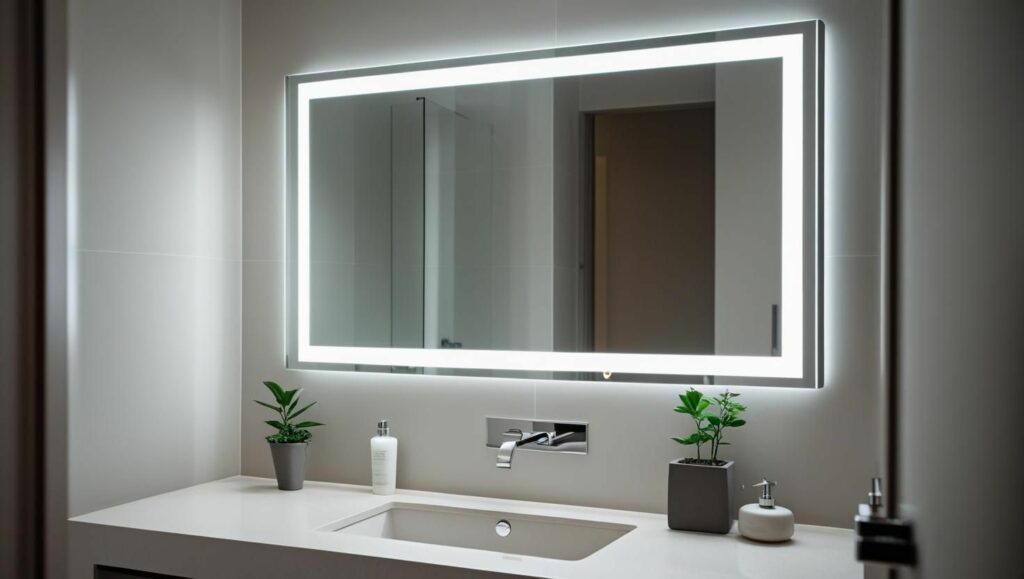 Espelho com iluminação LED acima da pia em banheiro moderno, destacando funcionalidade e estilo no uso de espelhos na decoração.