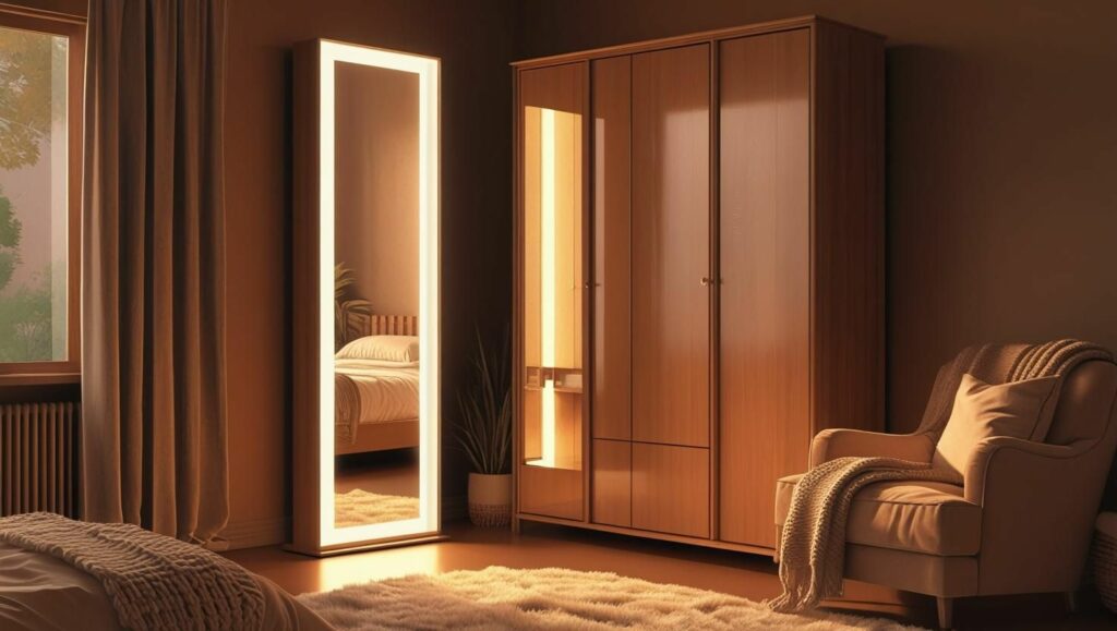 Espelho vertical iluminado ao lado do guarda-roupa em quarto aconchegante, destacando praticidade e estética no uso de espelhos na decoração.

