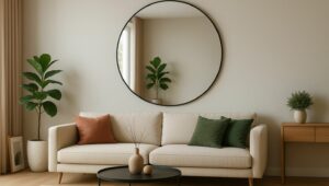 Sala de estar moderna com espelho redondo na parede, destacando a amplitude e a elegância dos espelhos na decoração.