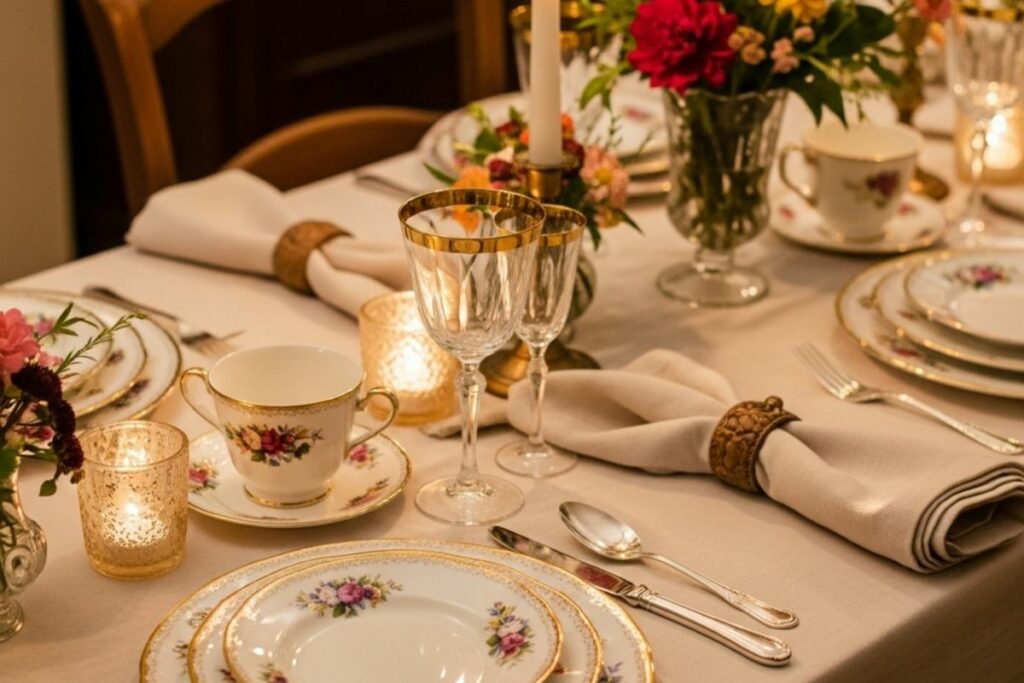 Mesa posta com louças floridas, taças douradas, velas e flores, transmitindo elegância, tradição e acolhimento de uma apresentação atemporal.