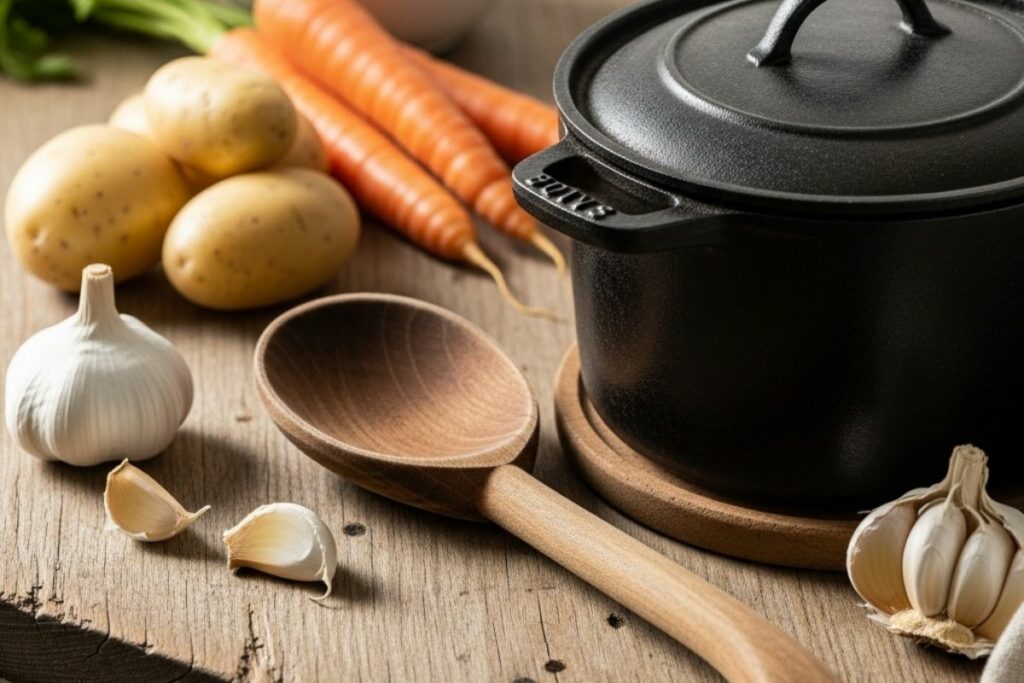Panela de ferro fundido ao lado de ingredientes naturais como alho, batatas e cenouras sobre uma mesa rústica de madeira.