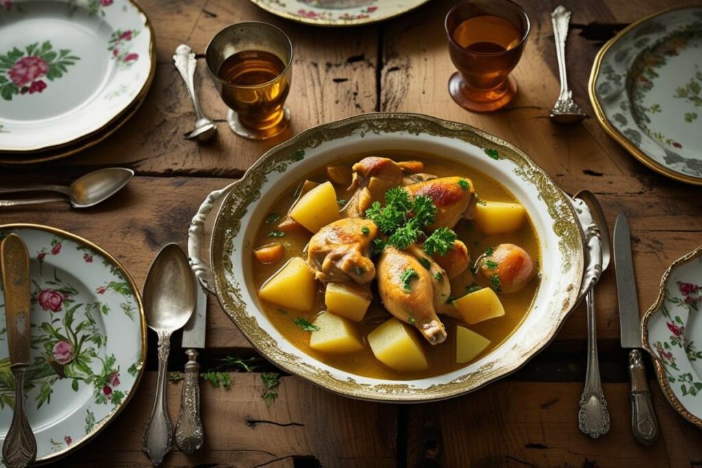 Prato de frango ensopado com batatas servido em louça clássica, sobre uma mesa rústica, representando uma receita tradicional de família.