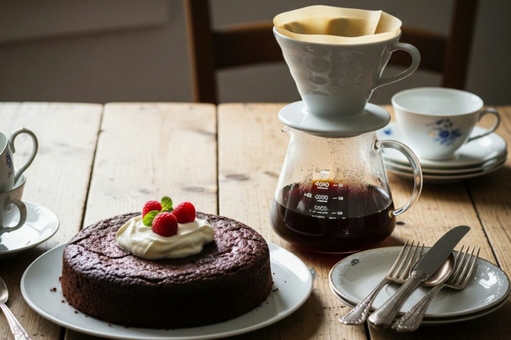 Mesa rústica com bolo caseiro e café coado, representando a culinária atemporal e as receitas de família cheias de memórias.