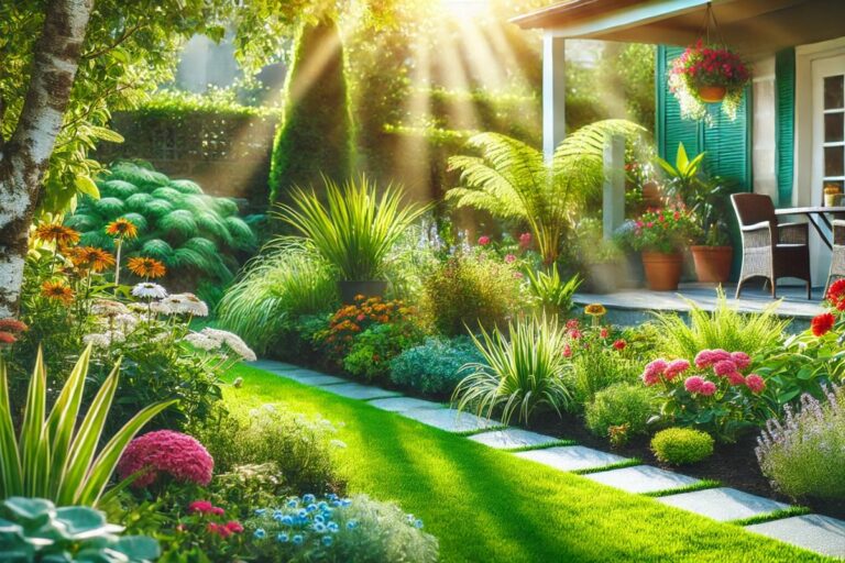 Jardim bem cuidado com plantas saudáveis e solo rico em nutrientes