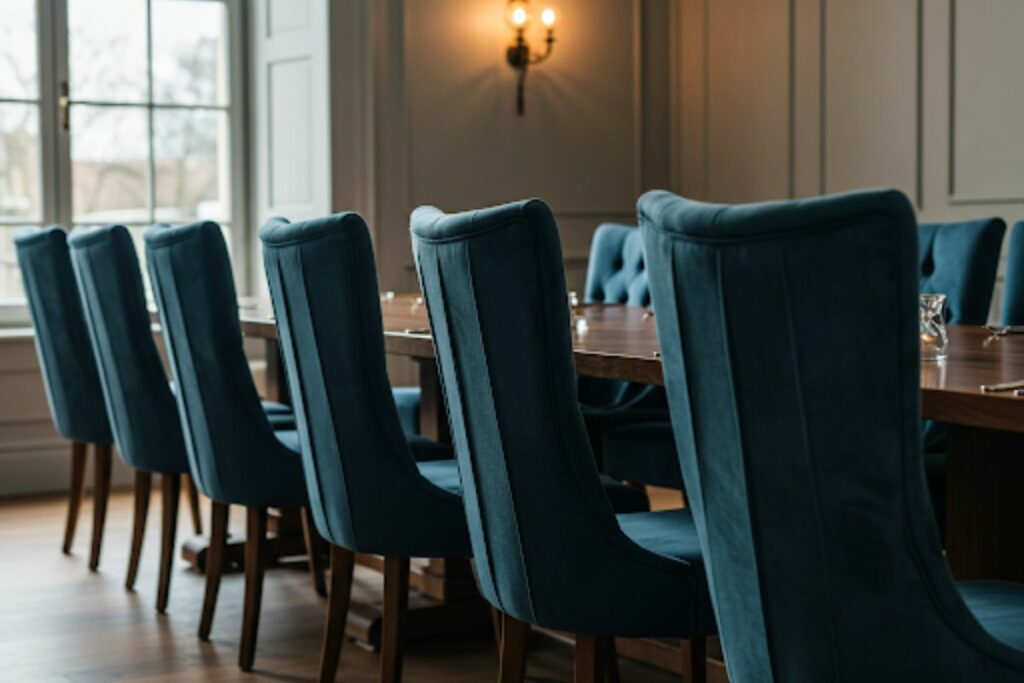Cadeiras elegantes ao redor de uma mesa de jantar, combinando conforto e estilo na decoração do ambiente.
