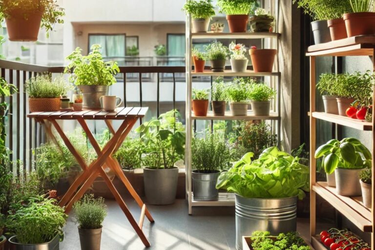 Varanda de apartamento tranquila com vasos e recipientes contendo ervas frescas e hortaliças crescendo, como manjericão, alecrim, hortelã, salsinha, alface e cenouras, sob a luz suave do fim de tarde.