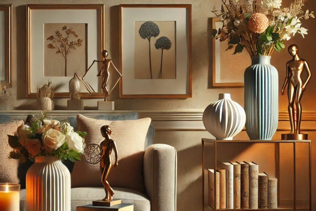 Objetos decorativos, como almofadas, quadros e vasos, criando um espaço personalizado e funcional."