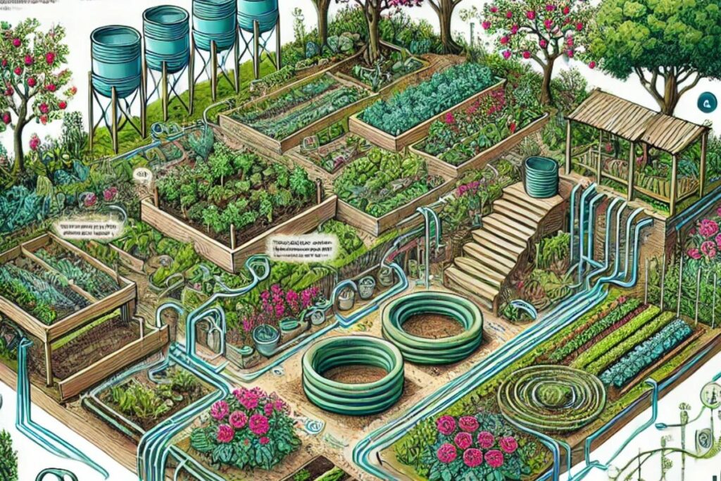 Jardim sustentável demonstrando a integração de hortas, árvores, sistemas de captação de água, compostagem e irrigação sustentável, ilustrando claramente os princípios de permacultura aplicados para um cultivo eficiente e ecológico.