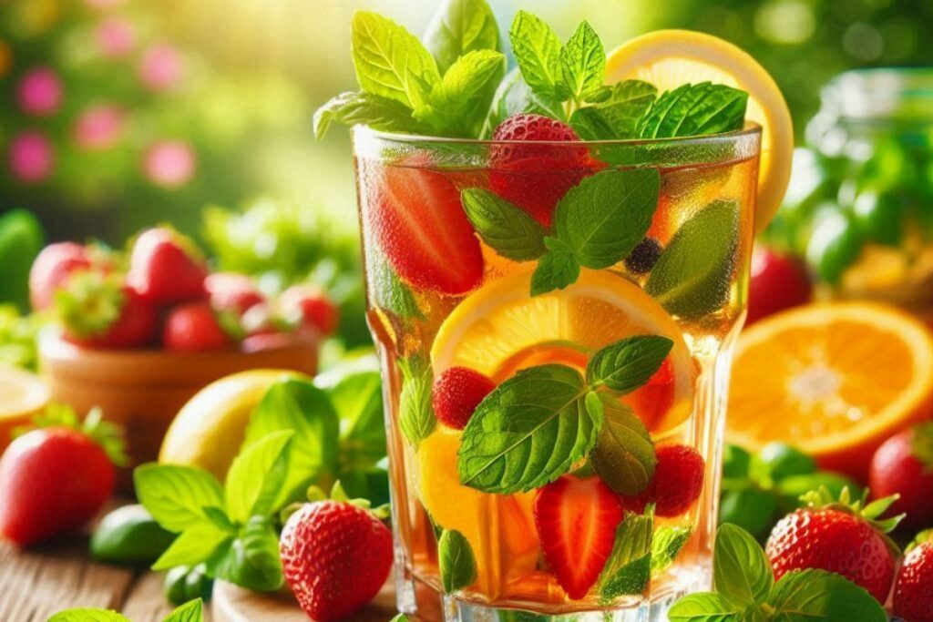 Chá gelado com ervas naturais e frutas frescas.