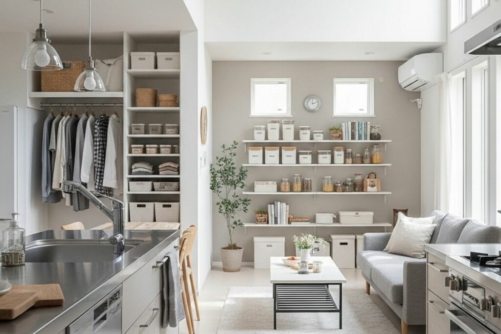 Casa organizada com decoração simples e funcional, representando os benefícios de uma rotina prática de organização.
