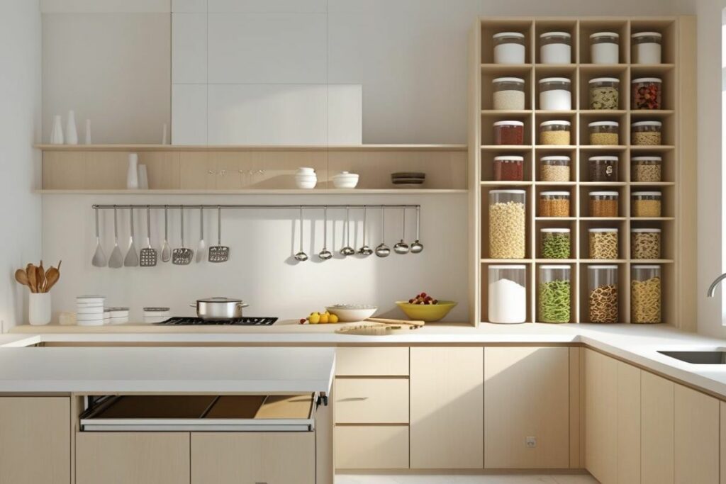 Cozinha compacta moderna com bancada extensível e potes organizadores nas prateleiras, ideal para otimização de pequenos espaços.