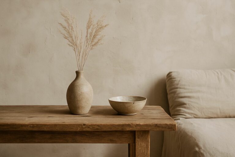 Ambiente com decoração Wabi-Sabi: mesa de madeira rústica com vaso artesanal, tigela imperfeita e sofá de linho, em cenário minimalista e natural.