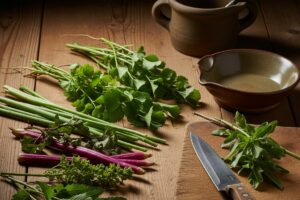 PANCs na cozinha dispostas sobre tábua e mesa de madeira, com utensílios simples e iluminação natural.