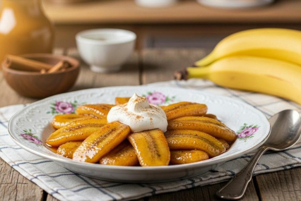 Doce de banana caramelada servido em prato de porcelana com chantilly e canela, representando uma receita afetiva de aproveitamento e memória familiar.
